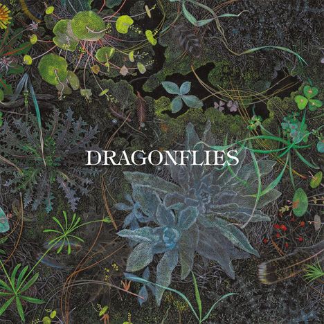 "DRAGONFLIES" steht in weißen Buchstaben. Umgeben von detaillierten Pflanzen und Blumen in dunklen, natürlichen Farben.