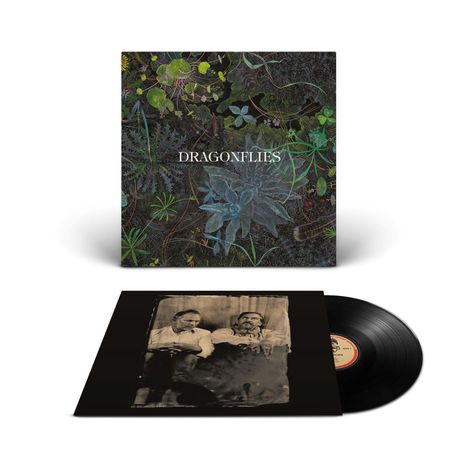 Text: "DRAGONFLIES". Ein Tryptichon aus Pflanzenmuster, Foto von zwei sitzenden Männern und einer schwarzen Vinyl-Schallplatte.
