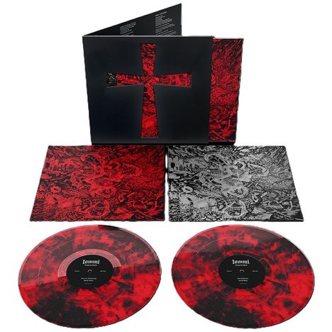 Zwei Schallplattenhüllen mit rotem und schwarzem Artwork, stilisierte Muster. Zwei rot-schwarze Schallplatten daneben.