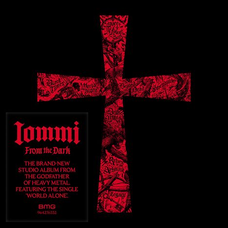 "From the Dark" Albumankündigung mit rotem Kreuz, voller kunstvoller Schriftzüge und Motiven auf schwarzem Hintergrund.