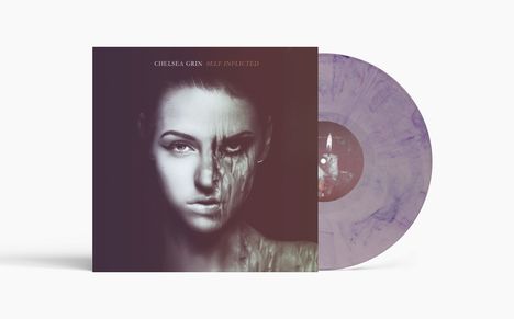 Text oben: "CHELSEA GRIN SELF INFLICTED". Gesicht zur Hälfte menschlich, zur Hälfte gezeichnet. Lila Schallplatte.