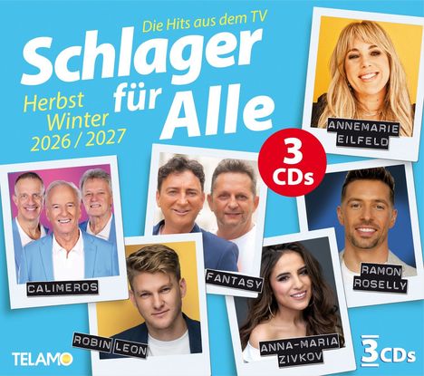 „Die Hits aus dem TV: Schlager für Alle, Herbst Winter 2026/2027, 3 CDs.” Fotos von Musikern wie Annemarie Eilfeld.