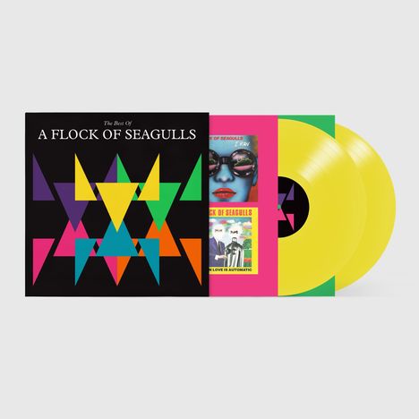 "The Best Of A Flock Of Seagulls" steht auf einem farbigen geometrischen Muster. Zwei gelbe Vinyl-Schallplatten.