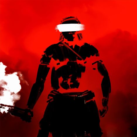 Keine erkennbaren Texte. Eine stilisierte Figur vor rotem Hintergrund, mit weißer Balken über den Augen und Rauch an der Seite.