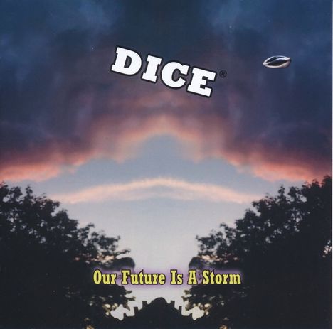 DICE. Our Future Is A Storm. Bäume vor dramatischem, stürmischem Himmel mit UFO-ähnlichem Objekt.