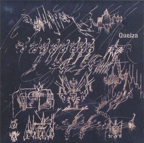 Text: "Quelza". Kreideartige, komplexe, abstrakte Linien und Formen auf dunklem Hintergrund, wie Skizzen oder Kritzeleien.