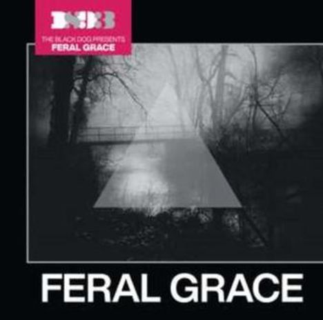 Text: "FERAL GRACE" und "THE BLACK DOG PRESENTS". Schwarz-weißes Bild von Bäumen mit einem transparenten Dreieck.