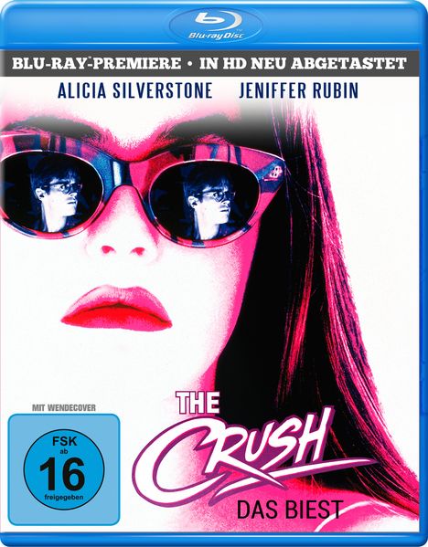 Text: "Blu-ray-Premiere · In HD neu abgetastet", "Alicia Silverstone", "Jeniffer Rubin", "The Crush", "Das Biest". Eine stilisierte weibliche Figur mit Sonnenbrille.