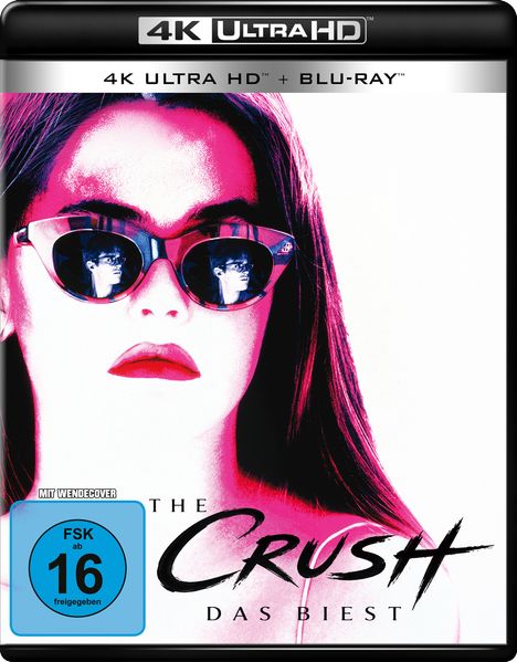 „4K Ultra HD + Blu-ray“, „THE CRUSH - DAS BIEST“, FSK ab 16. Eine Person mit Sonnenbrille, durch die ein Mann erkennbar ist.
