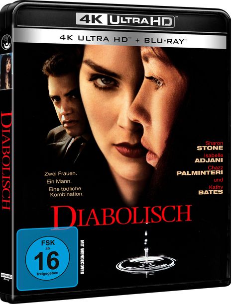 "Diabolisch" in rot. Zwei Frauen. Ein Mann. Eine tödliche Kombination. FSK 16. Große Gesichter, Wassertropfen plätschernd.