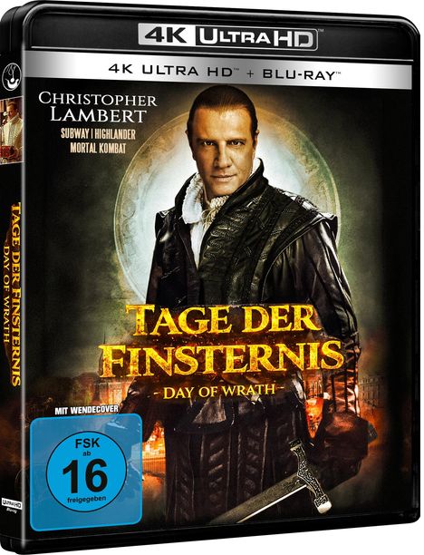 "Christopher Lambert, Tage der Finsternis, Day of Wrath, FSK 16." Ein Mann in mittelalterlicher Kleidung mit einem Schwert.