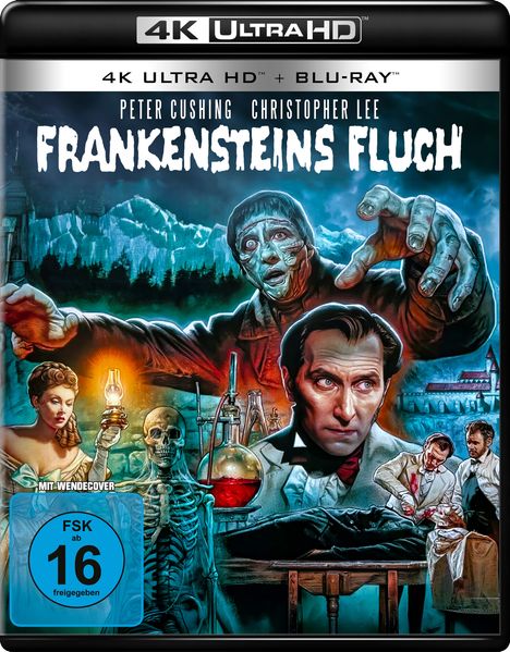 "FRANKENSTEINS FLUCH" oben. Zentrale Figur in rotem Licht, Monster mit ausgebreiteten Armen, Frau mit Lampe und Skelett.