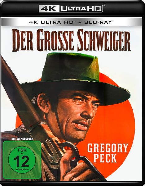 „Der Grosse Schweiger“, „Gregory Peck“, Mann mit Hut und Gewehr, roter Hintergrund, „FSK ab 12“ grünes Siegel.