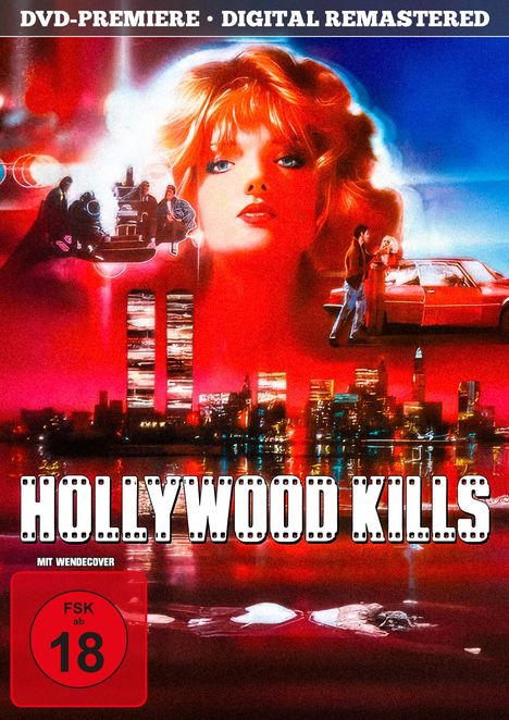 Text: "DVD-PREMIERE · DIGITAL REMASTERED", "HOLLYWOOD KILLS", "FSK ab 18". Illustration einer Frau vor Stadtlandschaft.