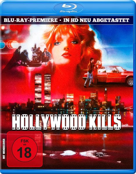 "BLU-RAY-PREMIERE · IN HD NEU ABGETASTET" oben, "HOLLYWOOD KILLS" mittig. Rot-blaues Artwork, Frauengesicht, Skyline, Auto, Mann.