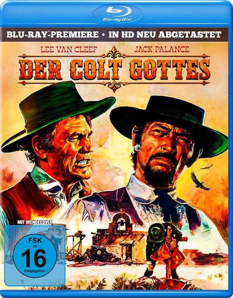 „BLU-RAY-PREMIERE · IN HD NEU ABGETASTET“, „DER COLT GOTTES“. Illustration zweier Männer im Westernstil.
