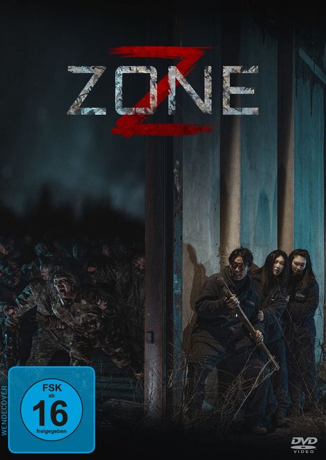 Oben steht "ZONE Z" in metallischer Schrift. Rechts sind drei Menschen mit Waffen, links Zombies im Schatten. FSK 16-Symbol.