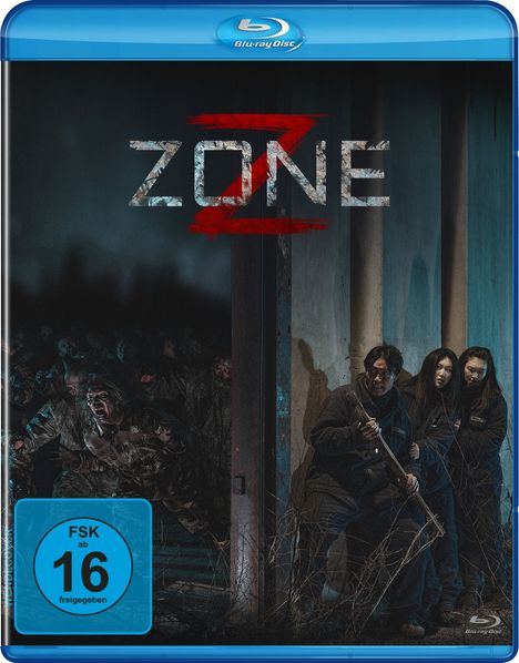 "ZONE Z" in Metall-Schrift, roter Hintergrund. Gruppe Menschen mit Gewehren, dunkle Szene, Zombies im Hintergrund. FSK 16.