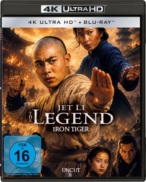 „Jet Li The Legend Iron Tiger“, 4K Ultra HD + Blu-ray, FSK 16. Martial-Arts-Szene mit kämpferischen Figuren vor brennendem Tempel.