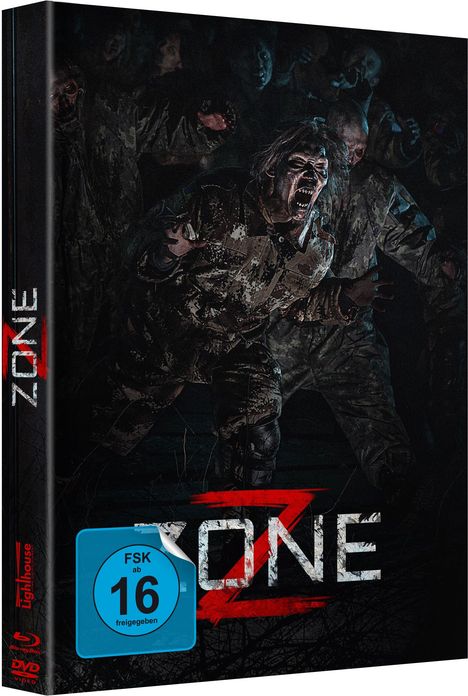 "ZONE Z" steht in weiß-roten Buchstaben. FSK 16. Zombie im Tarnanzug schreit, umgeben von weiteren Zombies.