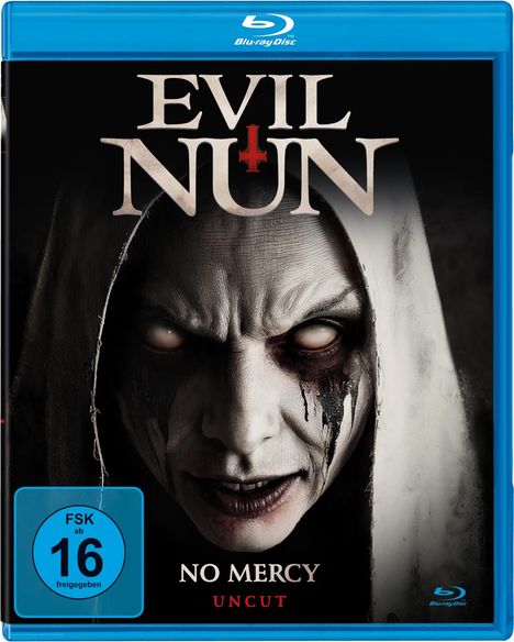 Titel: "EVIL NUN", "NO MERCY", "UNCUT". Eine unheimliche, blassgesichtige Nonne mit gruseligen Augen, schwarze Tränen.