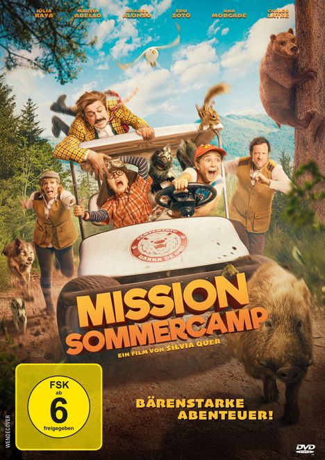 Oben: Namen der Schauspieler. 
Titel: "Mission Sommercamp". 
Abenteuerliche Szene mit Tieren und Menschen in einem Fahrzeug.
