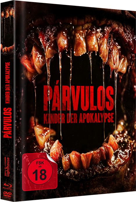 "PÁRVULOS: Kinder der Apokalypse" in großen roten Buchstaben. Im Hintergrund ein unheimlicher offener Mund.