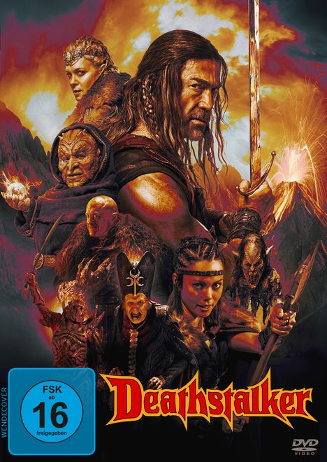 „Deathstalker“ steht in roter Schrift unten. Oben sind Krieger in mittelalterlicher Kleidung vor einem Vulkan.