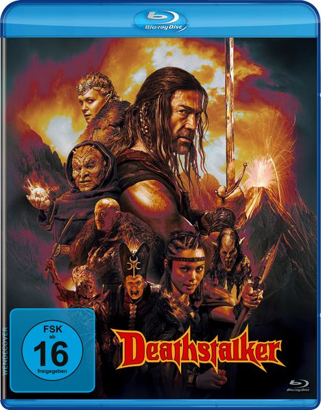 Text: "FSK ab 16 freigegeben", "Deathstalker". 

Illustration mit Kriegern und Vulkan im Hintergrund.