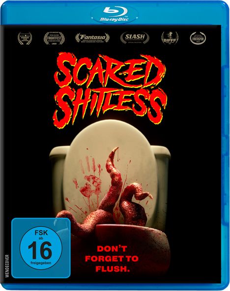 Text: "SCARED SHITLESS" und "DON'T FORGET TO FLUSH." Blutige Handabdrücke und Tentakel aus einer Toilette.