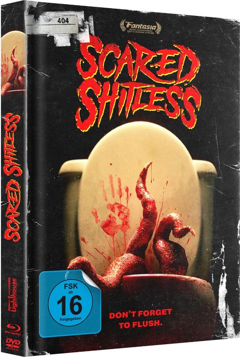 Schrift: "Scared Shitless", "Don't forget to flush." Ein Monstrum in einer Toilette, umgeben von roten Handabdrücken.