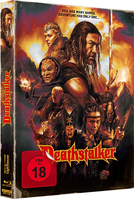 Text: "Evil has many names. Adventure has only one." "Deathstalker." FSK 18. Krieger mit Schwert, Fantasy-Landschaft.