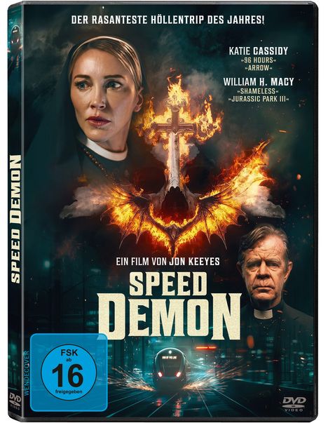 Text: "Der rasanteste Höllentrip des Jahres! Speed Demon. Ein Film von Jon Keeyes." Zwei ernste Personen, ein brennendes Kreuz.
