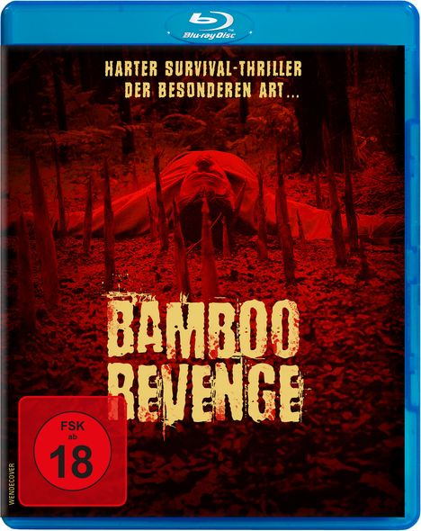 Text: "Harter Survival-Thriller der besonderen Art... BAMBOO REVENGE. FSK ab 18". Illustration: Person am Boden zwischen Bambus.
