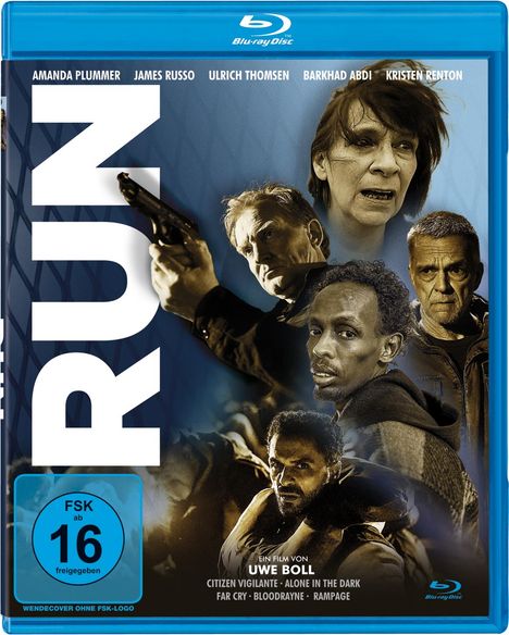 Titel „RUN” groß auf der Seite, darüber Schauspielernamen. Im Hintergrund dramatische Gesichter und eine Person mit Waffe.