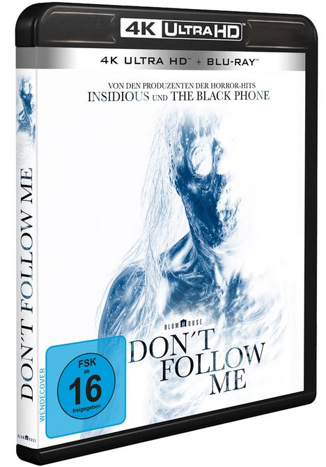 Cover mit "DON'T FOLLOW ME", Hinweis "FSK ab 16", ein geisterhaftes Gesicht, weiß-blaues Design.