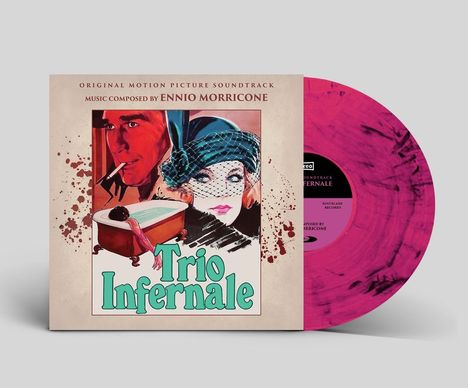 Original Motion Picture Soundtrack, Trio Infernale, Ennio Morricone. Illustration eines Mannes und einer Frau, beides in Retro-Stil.