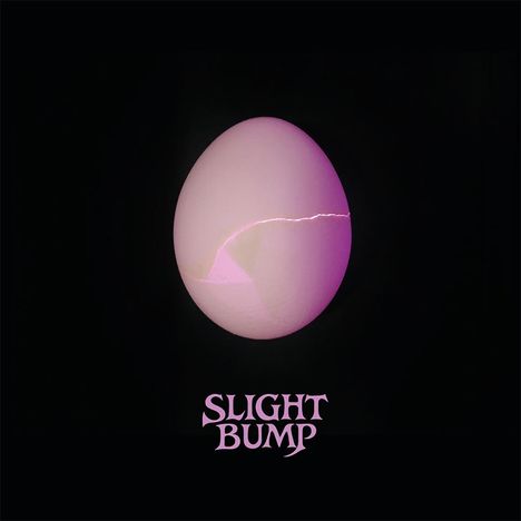 Text "SLIGHT BUMP" unter einem Ei, das von pinkem Licht beleuchtet ist und einen kleinen Riss hat. Schwarz als Hintergrund.