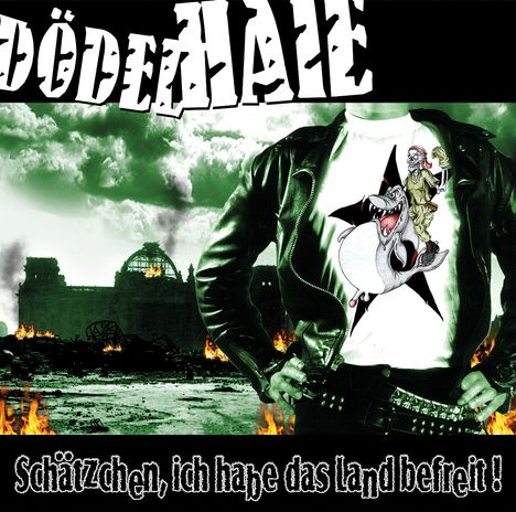 Oben steht "DÖDE MÄÄ" in großer Schrift, unten "Schätzchen, ich habe das Land befreit!". Hintergrund: zerstörter Bau, Flammen.