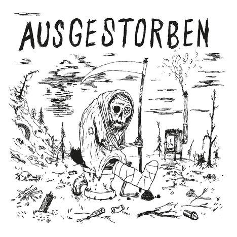 Der Text "AUSGESTORBEN" steht über einem skelettartigen Wesen mit Sense in einer kargen, verwüsteten Landschaft.