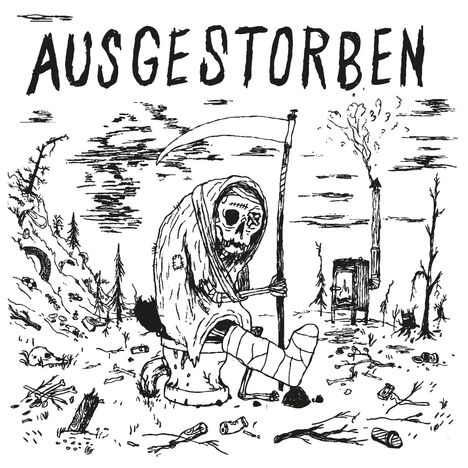 ”AUSGESTORBEN” in großer Schrift. Sensenmann sitzt trostlos in karger Landschaft, umgeben von Müll und Baumstümpfen.
