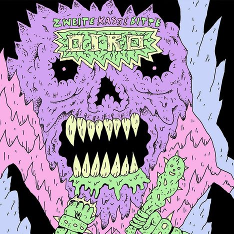 "ZWEITE KASSE BITTE" und "OIRO" auf einer großartigen, farbenfrohen Illustration eines monströsen Schädels.