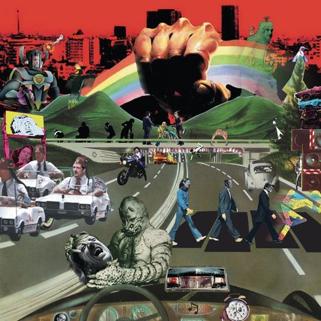 Eine surreale Collage mit einer riesigen Faust, einem Regenbogen, Menschen über einem Zebrastreifen und Figuren auf einer Autobahn.