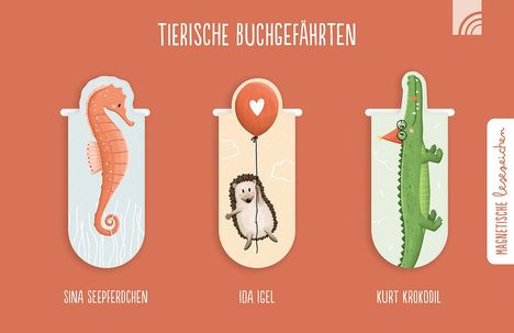 "TIERISCHE BUCHGEFÄHRTEN" und "MAGNETISCHE LESEZEICHEN". Illustration mit Seepferdchen, Igel und Krokodil.