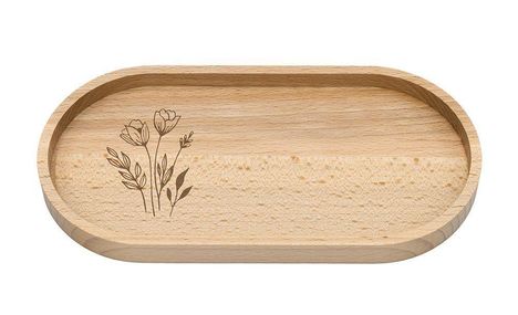 Holztablett mit ovaler Form und floraler Gravur auf der linken Seite, zeigt Blumen und Blättermuster.