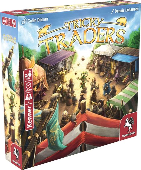 „Tricky Traders“ ist ein Brettspiel mit mittelalterlichem Markt. Buntes Cover, viele Menschen und Händler. Ab 10 Jahren.