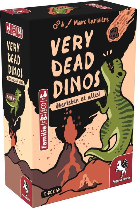 "VERY DEAD DINOS. Überleben ist alles!" Ein Cartoon-Dinosaurier schaut auf einen Asteroiden; Vulkan im Hintergrund.