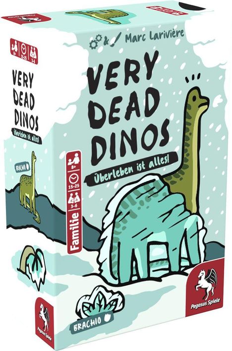 "VERY DEAD DINOS. Überleben ist alles! Marc Larivière." Ein grüner Dinosaurier in Schnee, rote Details und Logo unten rechts.