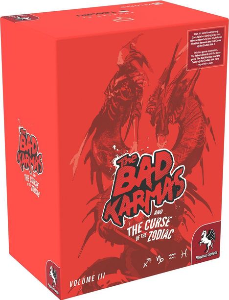"The Bad Karmas and The Curse of the Zodiac", Volume III, Erweiterungstext, roter Hintergrund, zwei schemenhafte Figuren.