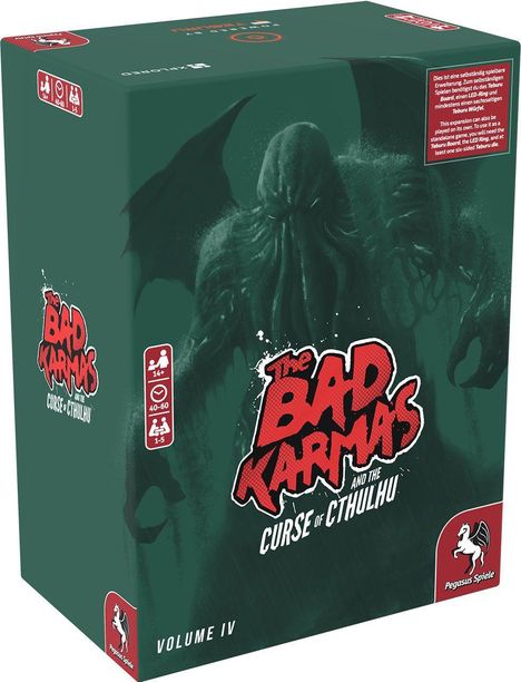 „The Bad Karmas and the Curse of Cthulhu“. Dunkles Bild mit Cthulhu-Figur und Pegasus-Spiele-Logo.